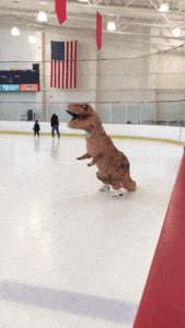 person wearing t rex dinosaur costume while ice skating