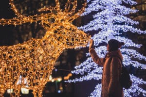 woman looking at reindeer christmas decorations