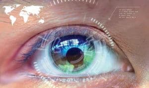 Close up women eye scanning technology in the futuristic, operat